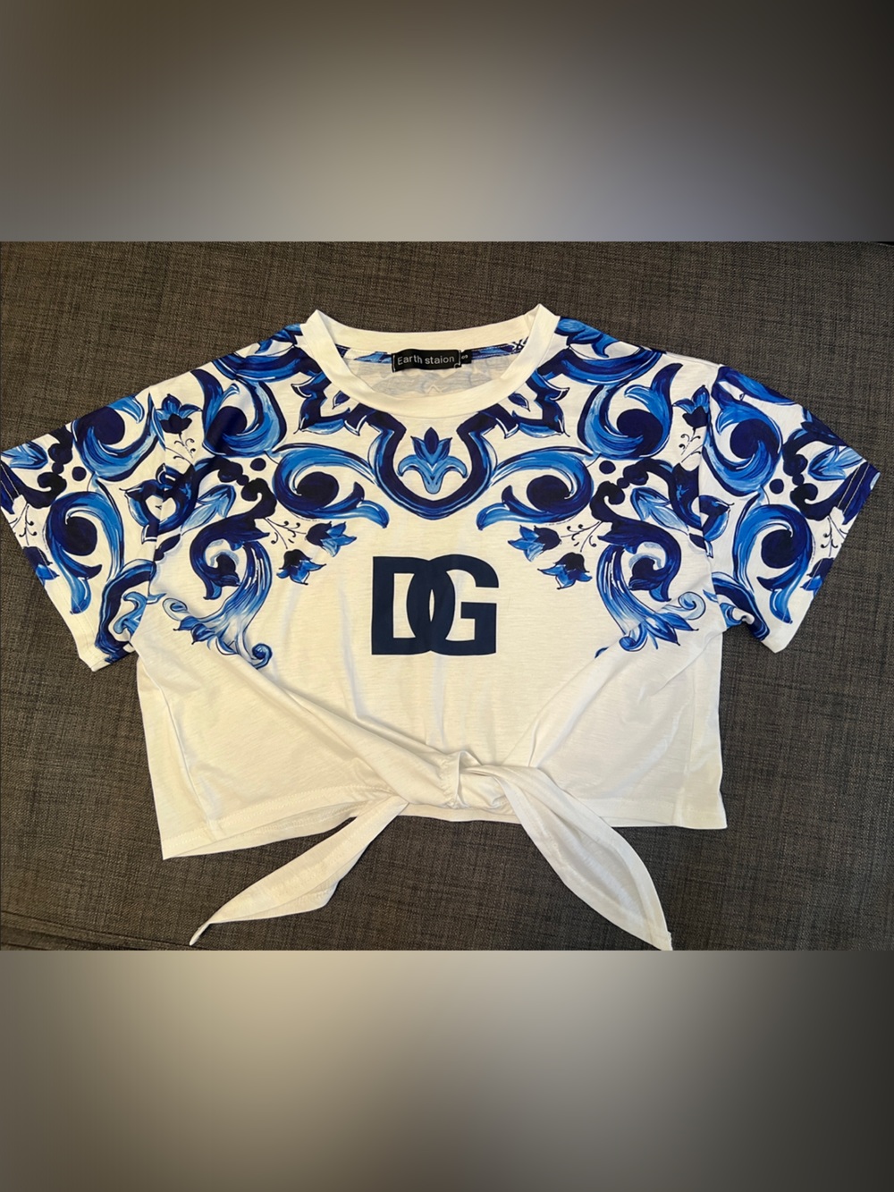 White & Blue Floral Tie-Front Tee - Earth Studios